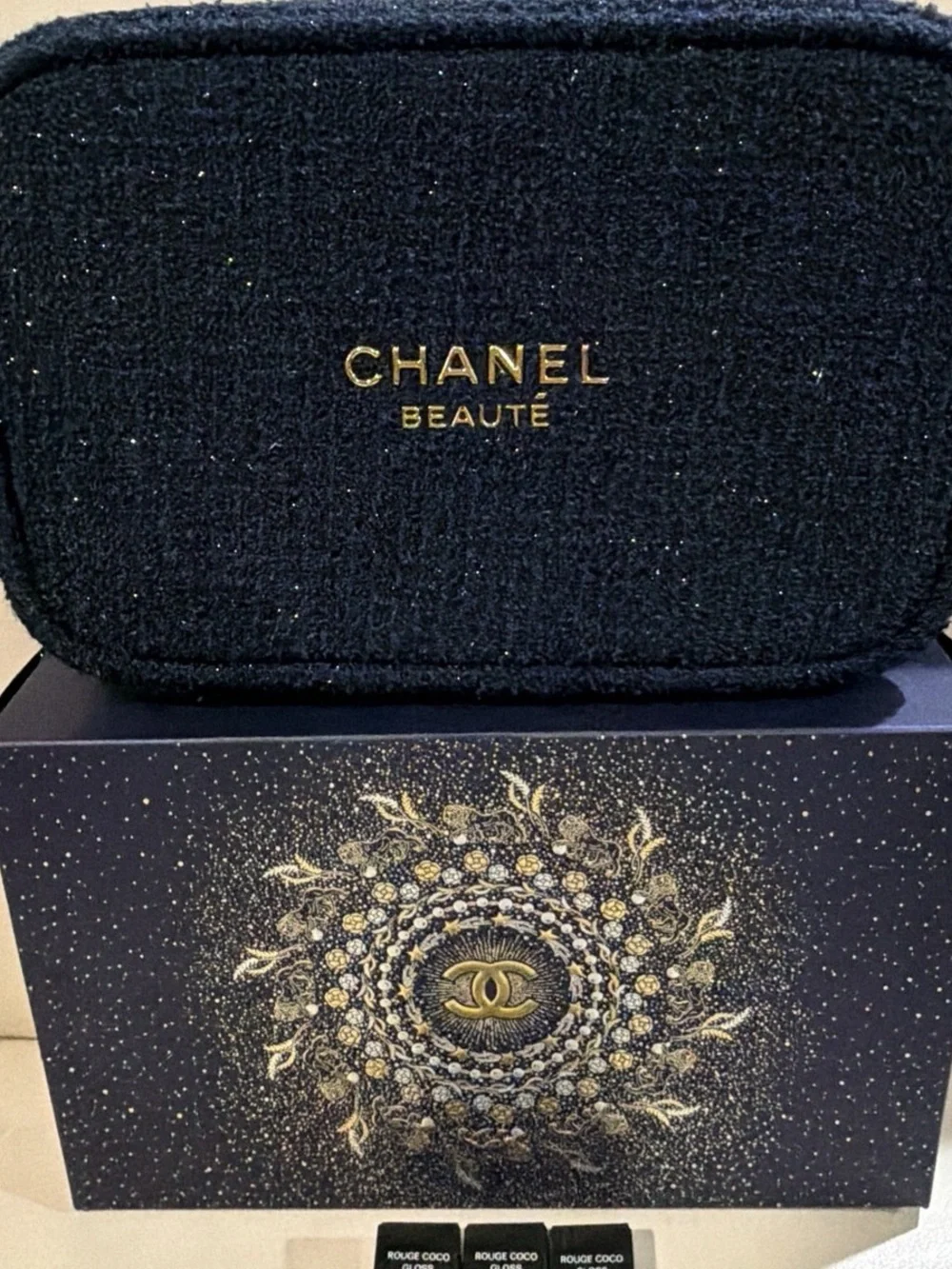 CHANEL Beauté Navy Tweed Cosmetic Pouch with Gold Logo